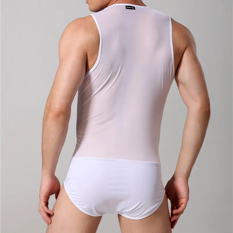 Man Undershirts Sexy Underwear Male Mesh Ice Silk Bodysuit Basic Shirts Gay Fitness Transparent Undershirts Bodywear Sleepwear