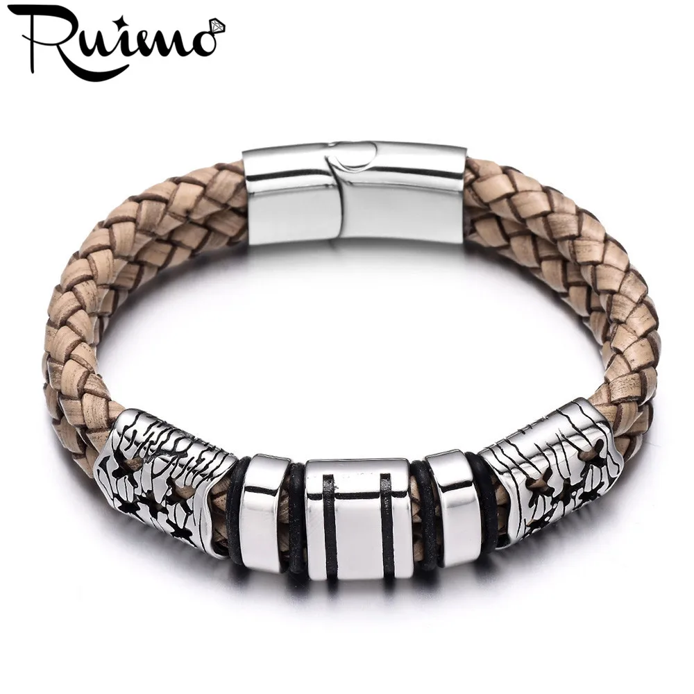 Модные Коричневые Плетеные Кожаные Браслеты RUIMO из нержавеющей стали 316l мужские