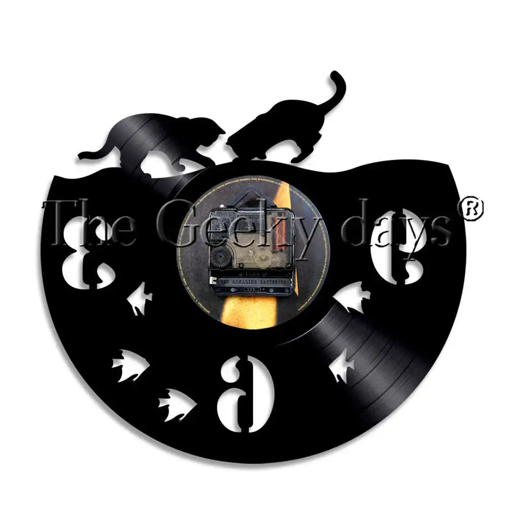 Пара принт Кот рыбка виниловые настенные часы с светодиодный Подсветка домашний