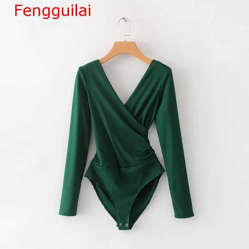 green Fengguilai женский комбинезон осень зима боди с длинным рукавом женский комбинезон с открытой спиной Черный Белый Боди Femme Monos Cortos - Цвет: green