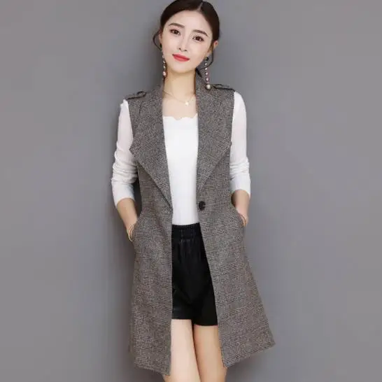 Осенний Длинный блейзер жилет женский офисный тонкий однокнопочный клетчатый