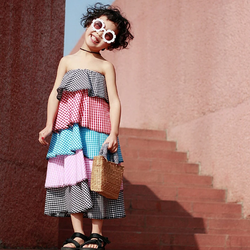 Brand Girls strapless dress plaid ruffles children off shulder sleeveless cake holiday beach summer ws534 | Детская одежда и обувь