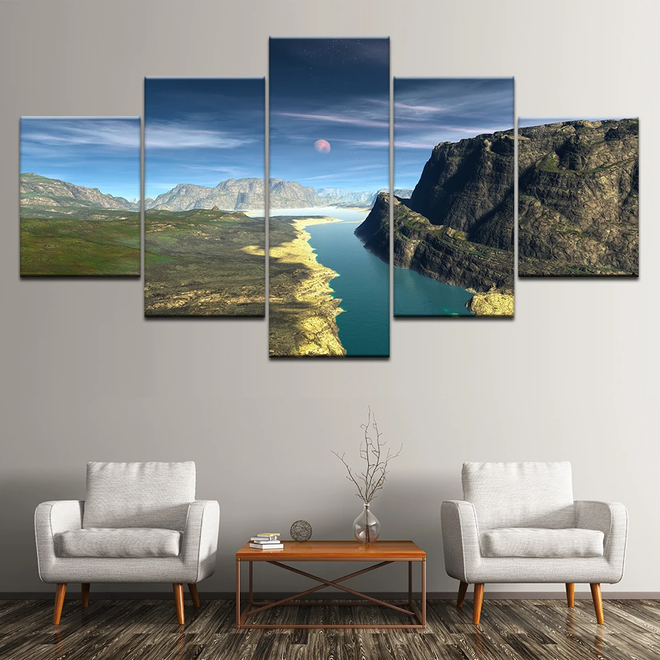 

Canvas Painting landscape the sea with mountain 5 Pieces Wall Art Painting Modular Wallpapers Poster Print Home Decor