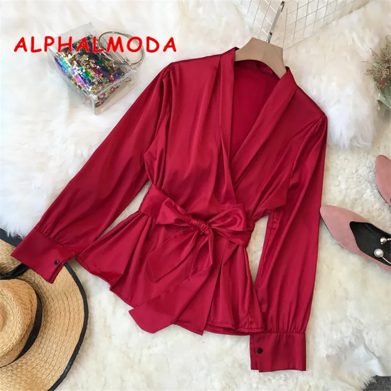 Женская атласная блузка ALPHALMODA с V-образным вырезом и поясом длинными рукавами на