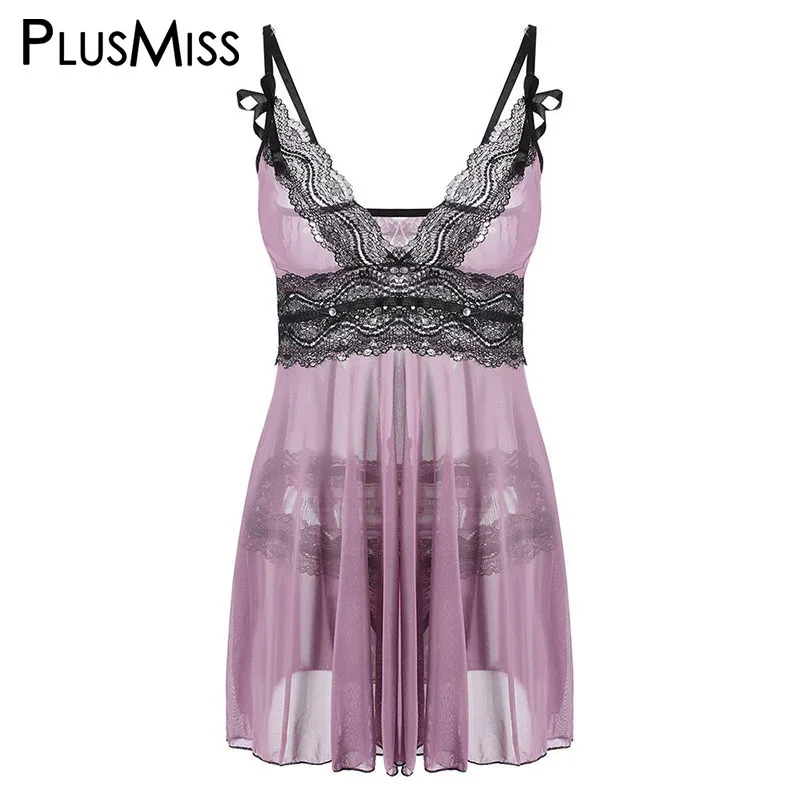 PlusMiss плюс Размеры пикантные кружевные прозрачные Babydoll платье костюм большой See