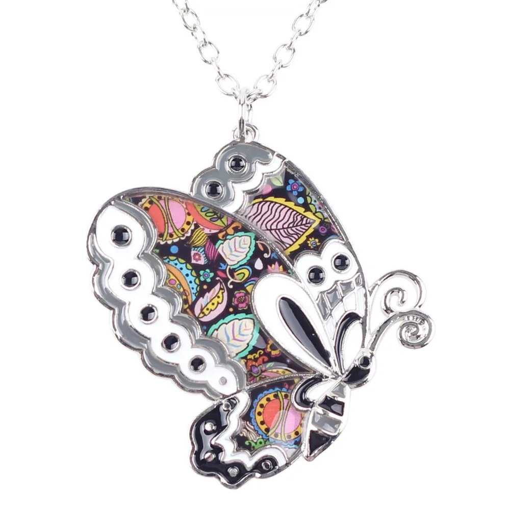 Bonsny Enamel Alloy Floral Butterfly Necklace Pendant Chain Collar Novelty Insect Jewelry For Women Girls Gift Party Accessories | Украшения