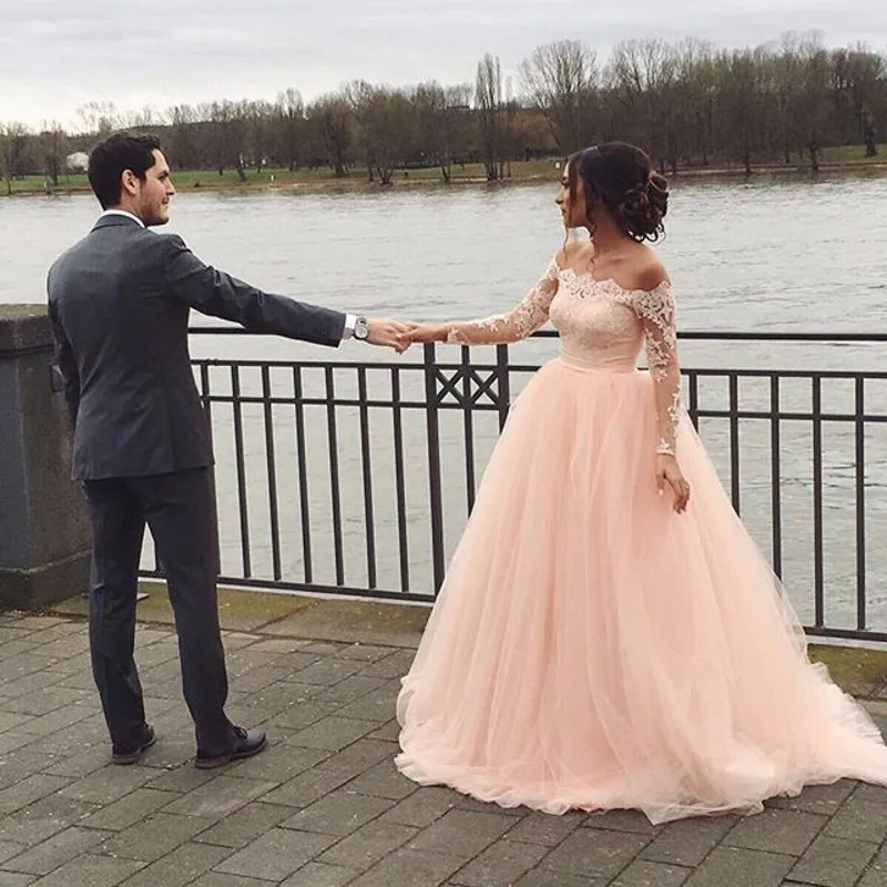 2017 Новое Прибытие Розовый Аппликация Онлайн Кружева Свадебное Платье С Длинным
