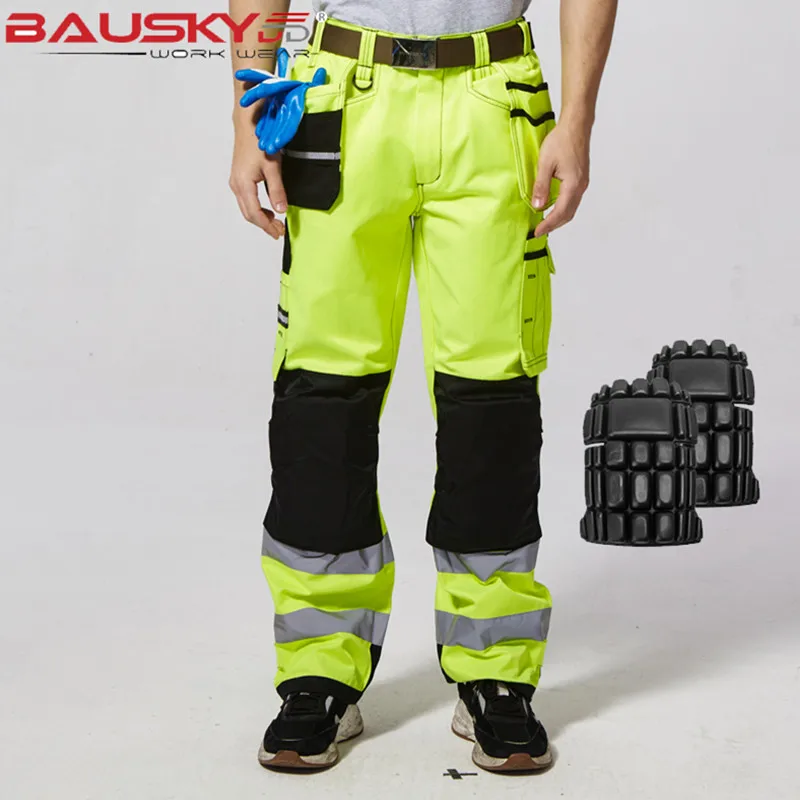 pants with knee pads Bauskydd высокая видимость Светоотражающая Спецодежда костюм наборы Рабочий костюм флуоресцентная желтая Рабочая куртка и рабочие штаны с наколенниками - Цвет: pants with knee pads