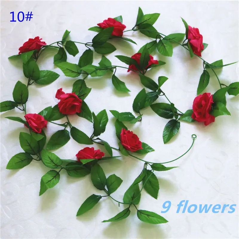 10Rose Red 9 flower 1pcs/lot 230-250cm Artificial Flowers Silk Roses Ivy Vine diy with Green Leaves Fake leaf artificial flowers for home decoration - Цвет: 10Rose Red 9 flower