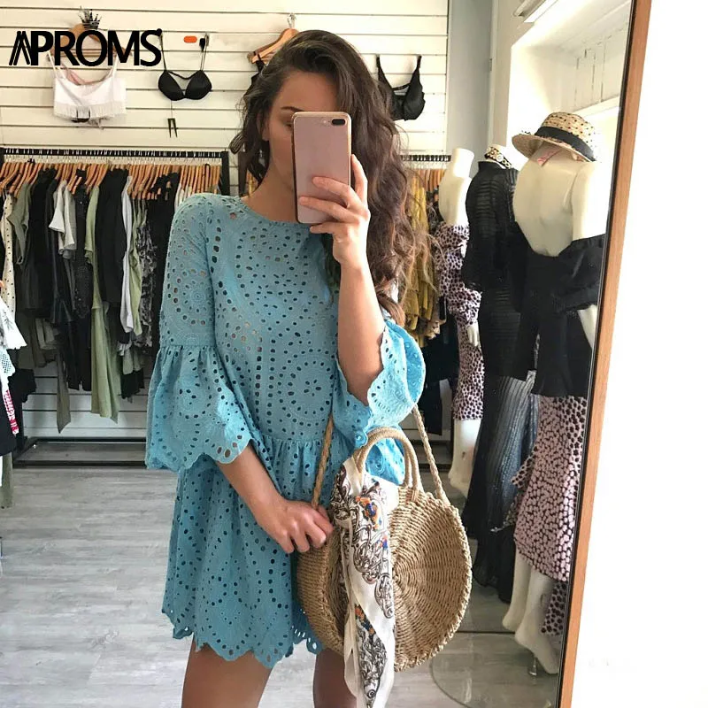 Aproms элегантное белое вязаное крючком кружевное платье для женщин Лето 3/4 рукав платье-туника в стиле кэжуал пляжное свободное короткое платье Vestidos