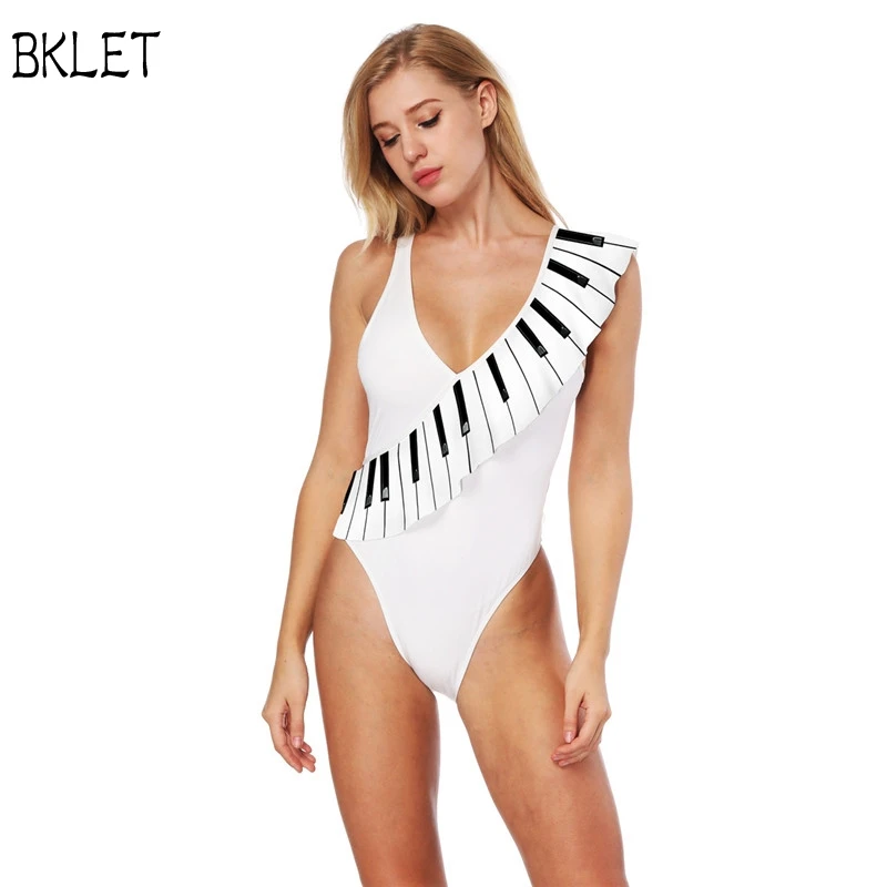 Женский Цельный купальник с рюшами монокини принтом пианино летняя одежда для