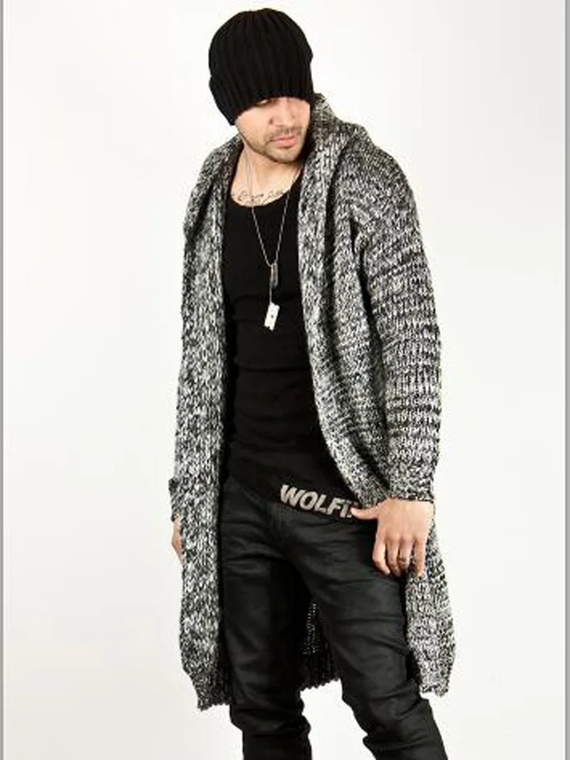 Модный мужской теплый свитер вязаный длинный кардиган с капюшоном осенне зимнее