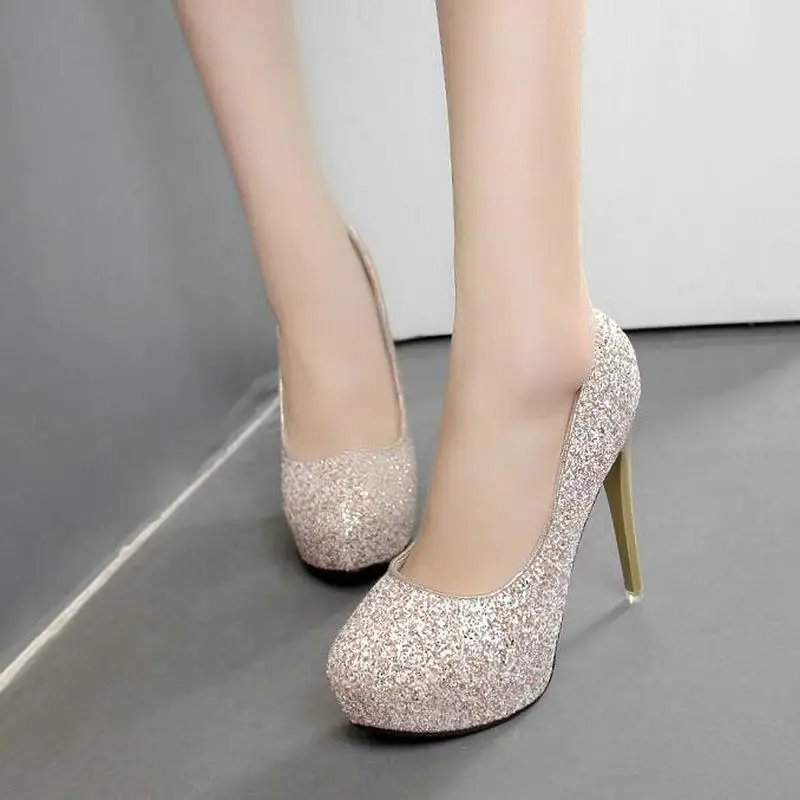 Женщины Свадьба Платформа Высокие Каблуки Обуви Круглый Носок 12 см Блестки