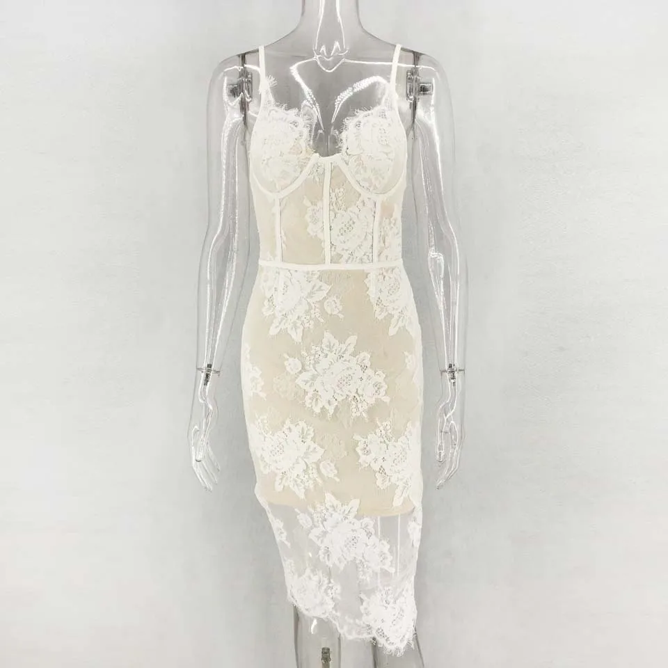 White Karlofea, сексуальное, без рукавов, v-образный вырез, для клуба, для ночного вечера, для вечеринки, Vestidos, элегантное, миди платье, новинка, черное, с вырезом, кружевное, сплайсированное платье - Цвет: White