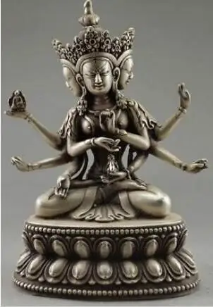 

rare Collectible Decorated Handwork Tibet Silver Carve Buddha 3 Head 6 Arm Sta