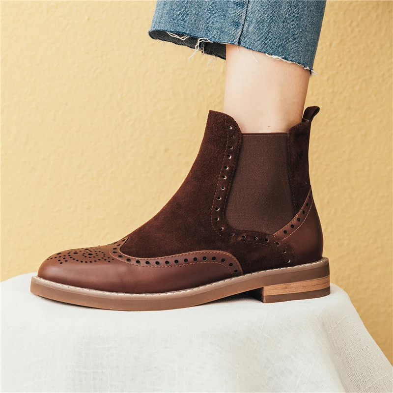 Женские зимние ботинки Челси Ботильоны из натуральной кожи на низком каблуке с