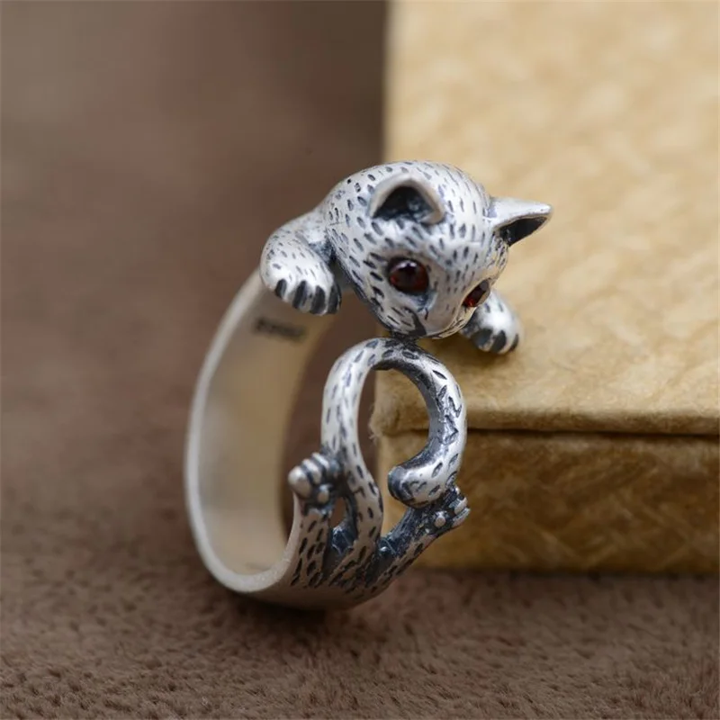 Женское Винтажное кольцо в виде кошки из настоящего серебра 100% пробы|silver cat