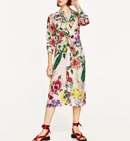 Женское платье в полоску розовое миди с цветочным принтом туника воротником