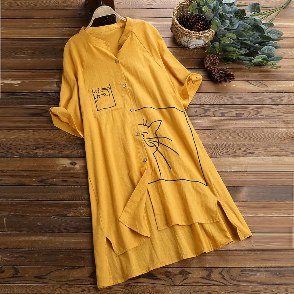 Блузка Feitong Женская свободная льняная винтажный топ с карманами и принтом кошки