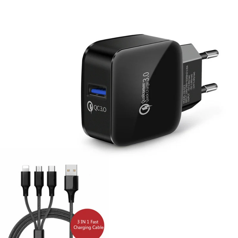 Зарядное устройство для путешествий, зарядное устройство USB для телефона, быстрая зарядка 3,0, штепсельная вилка европейского стандарта, быстрое зарядное устройство USB для iPhone, samsung, lenovo, htc, смартфона - Цвет: EU Black Set 2
