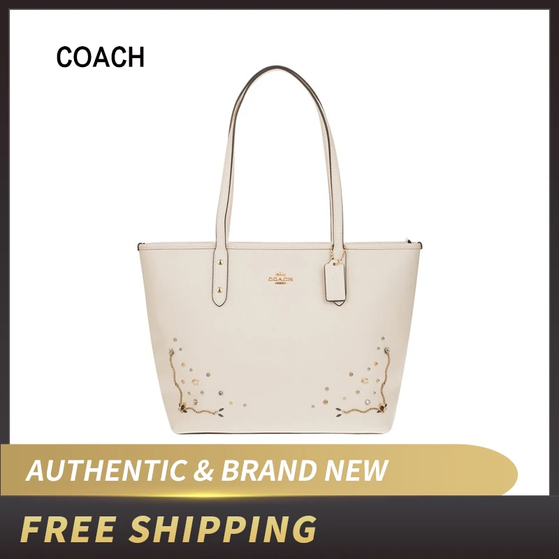 COACH F66906 Stardust Кристальные заклепки Crossgrain кожа Город молния Tote мел