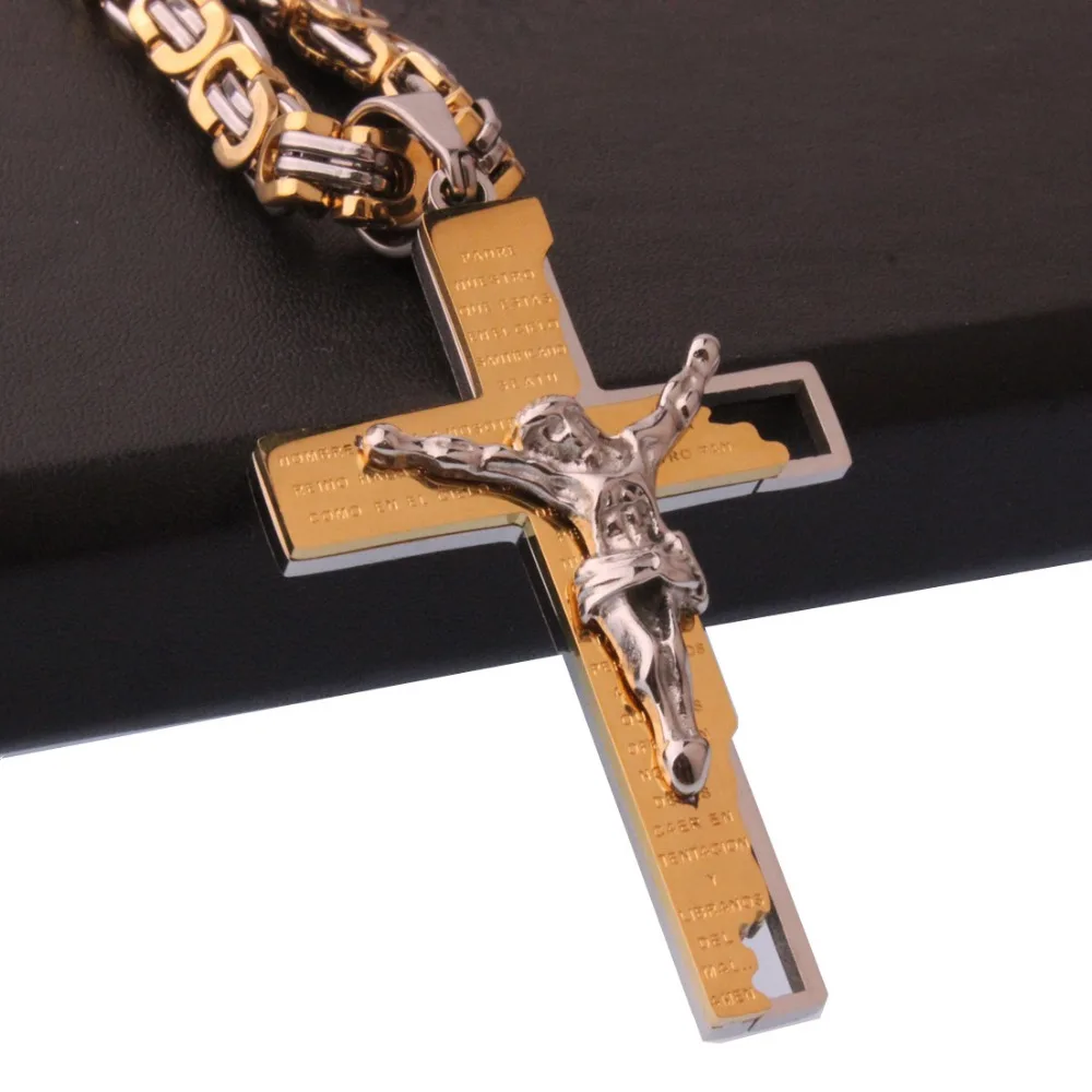 

54mm*37mm,19G Hip-hop Stainless Steel Silver Color&Gold Cross Crucifix Mens Pendant Necklace Free Byzantine Chain Christmas Gift