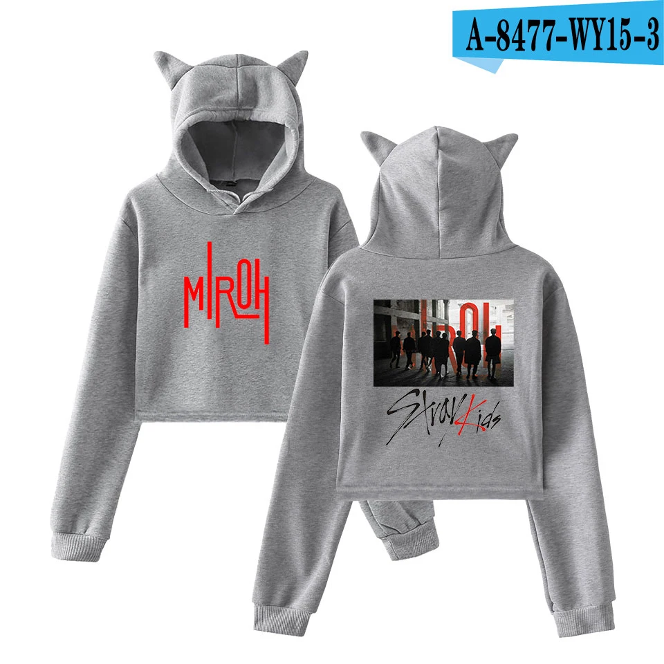 Stray Kids Kpop Cat/укороченные толстовки для женщин; Модный пуловер с капюшоном и длинными рукавами; укороченные топы; хит модных продаж; уличная одежда - Цвет: grey