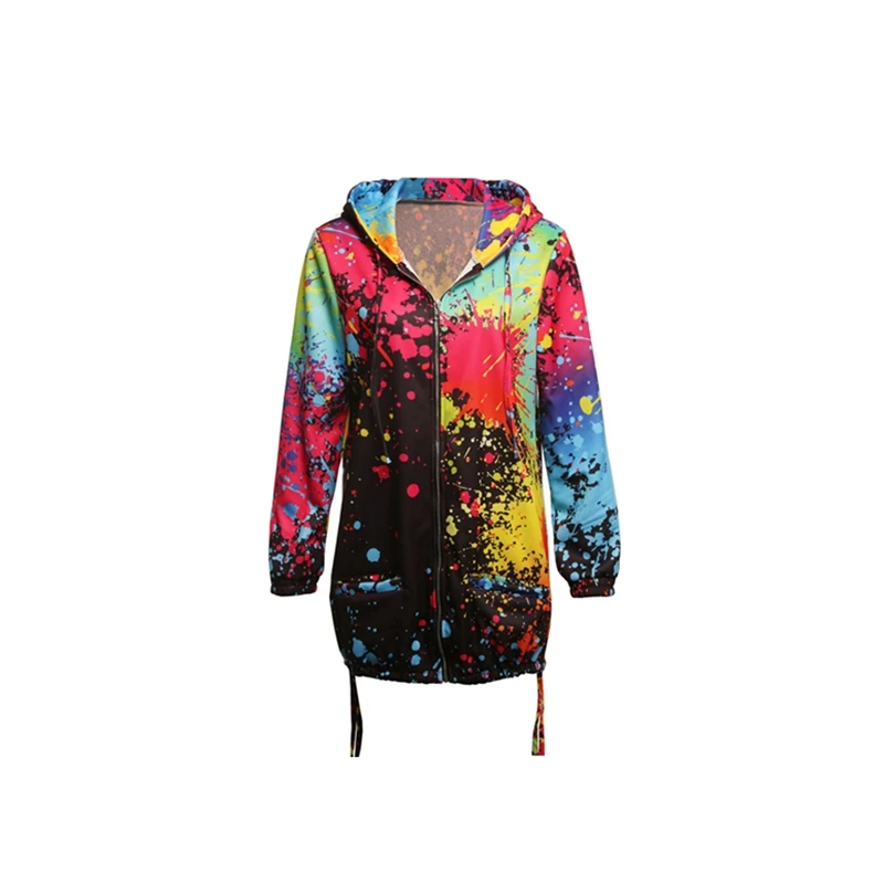 Женская цветная ветровка с длинным рукавом и капюшоном, пальто на молнии с цветочным принтом - Цвет: Черный