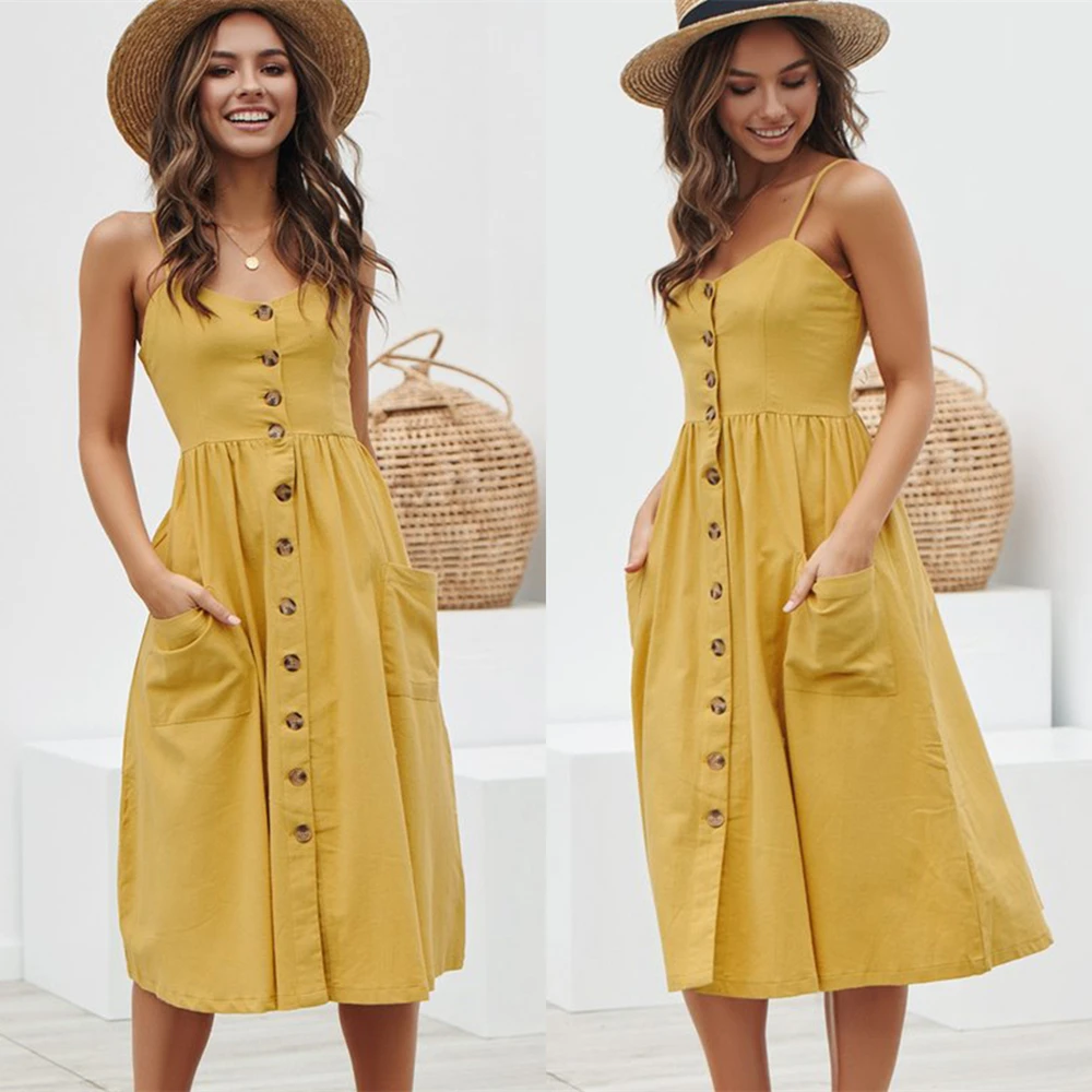 Платье женское хлопковое средней длины на пуговицах с карманами | Женская одежда