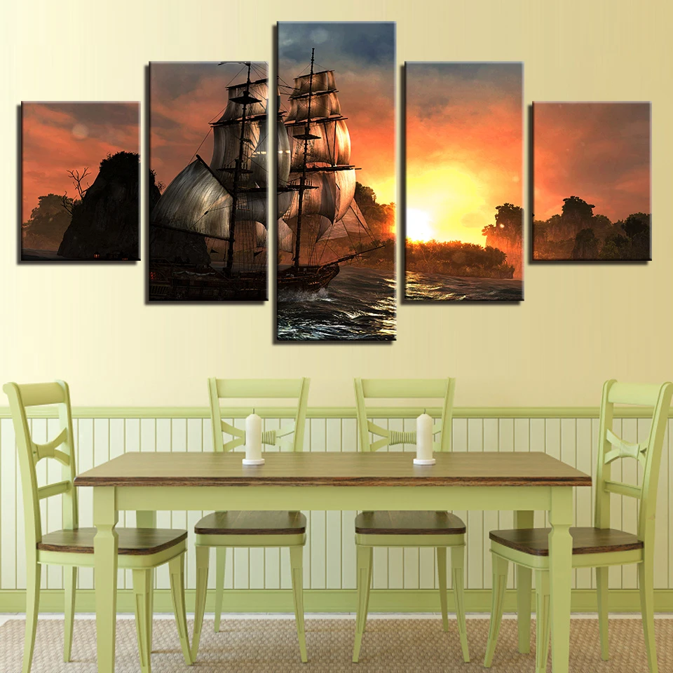 

Canvas Wall Art Prints Pictures Home Decor 5 Pieces Sunset Mountain Retro Sailing Boat Seascape Paintings Sailboat Posters Frame