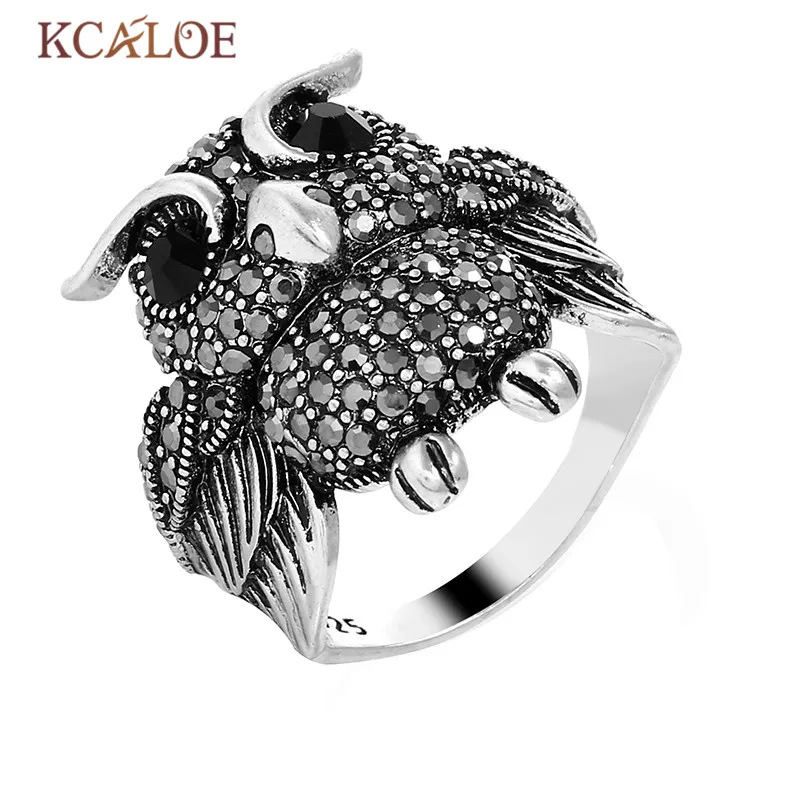 KCALOE животного кольца совы для женщин Античный Серебряный Черный Кристалл Стразы