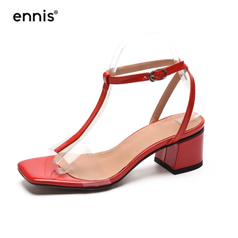 Red ENNIS/; прозрачные лакированные сандалии; женские сандалии с Т-образным ремешком; обувь на среднем каблуке; цвет золотой, красный, черный; летние сандалии; Новинка; Прозрачная женская обувь; S946 - Цвет: Red