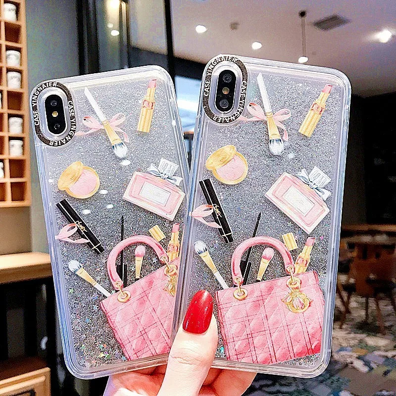 Косметический чехол с сияющими блестками чехол для iPhone 7 XS Max XR X 6 8 Plus жесткая динамическая жидкая косметика Помада флакон для парфюма чехол для телефона