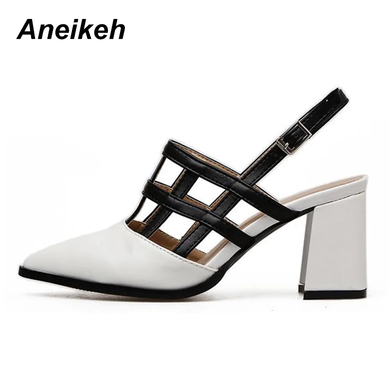 Aneikeh/; женские босоножки; модные летние офисные женские туфли-лодочки с острым носком на высоком квадратном каблуке; Цвет черный, белый; Размеры 35-40