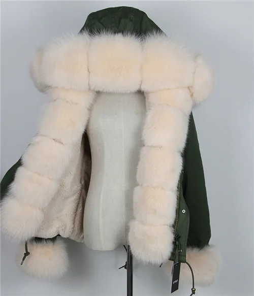 OFTBUY, новинка, короткая камуфляжная зимняя куртка, женская верхняя одежда, толстые парки, натуральный Лисий мех, воротник, пальто с капюшоном, pelliccia - Цвет: green beige