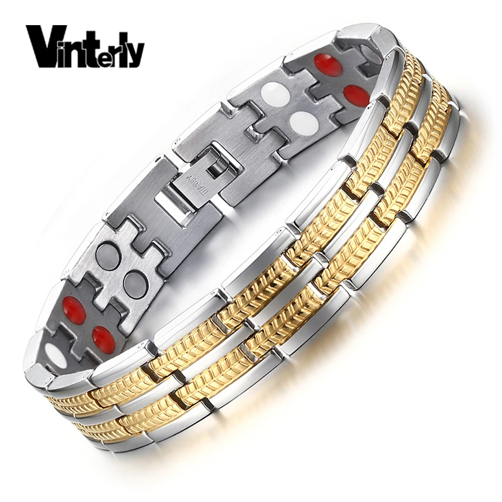 Магнитный мужской браслет Vinterly из нержавеющей стали золотого цвета с эффектом