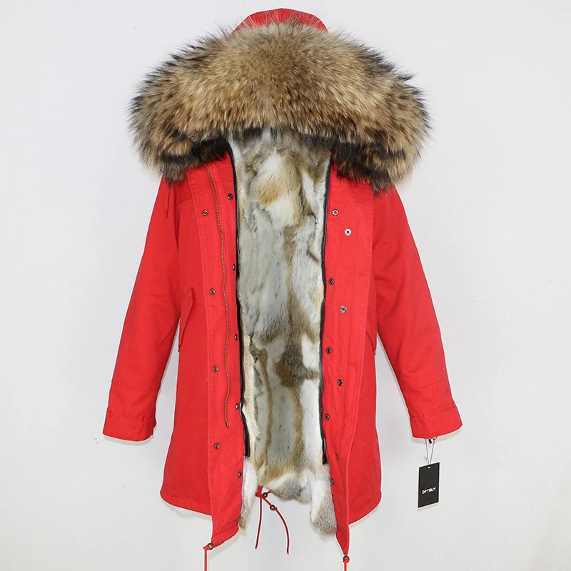 red natural D OFTBUY длинная парка, пальто с натуральным мехом, зимняя куртка для женщин, воротник из натурального меха енота, капюшон, теплая толстая подкладка из меха кролика, уличная одежда - Цвет: red natural D
