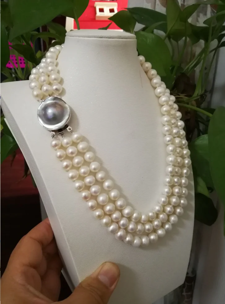 Тройные нити AAA 9 10 мм круглый натуральный Южное море белый жемчуг ожерелье AAAAAA