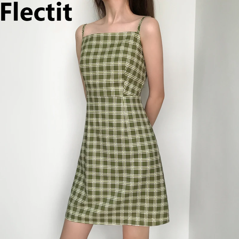 Женское клетчатое платье спагетти Flectit зеленое на бретельках с квадратным