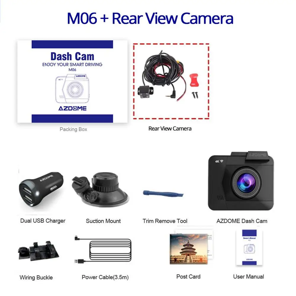 GS63H-RVC AZDOME M06 Dash Cam встроенный WiFi gps Автомобильная приборная панель камера рекордер с UHD 2160 P, 2," lcd, 170 ° Широкий угол, WDR, ночное видение - Название цвета: GS63H-RVC