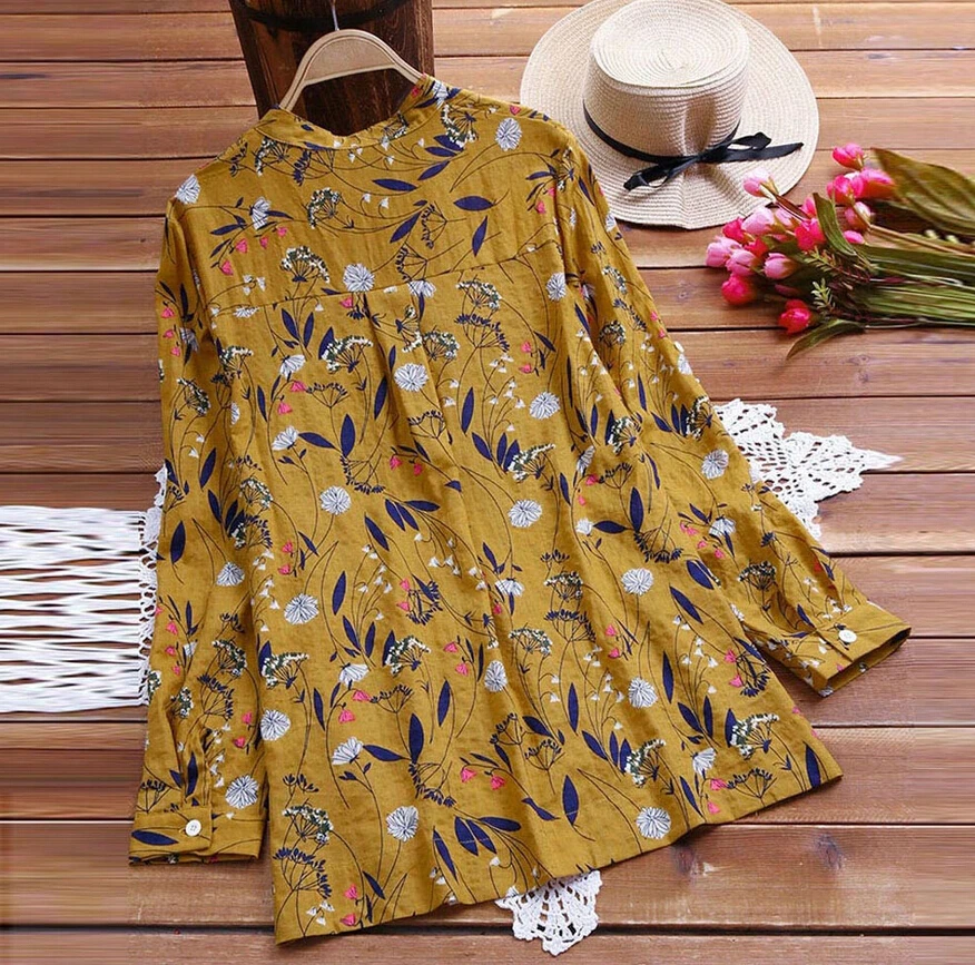 Для женщин Boho Цветочный принт Oversize Винтаж хлопок белье свободные летний топ