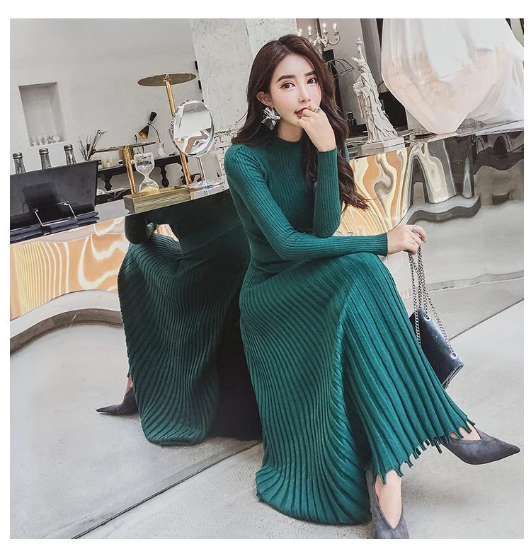 Winter autumn high quality Women Long Knitted Dress Sexy vestidos Back Slim Sweater Dress Fit And Flare Thicken Warm Dress