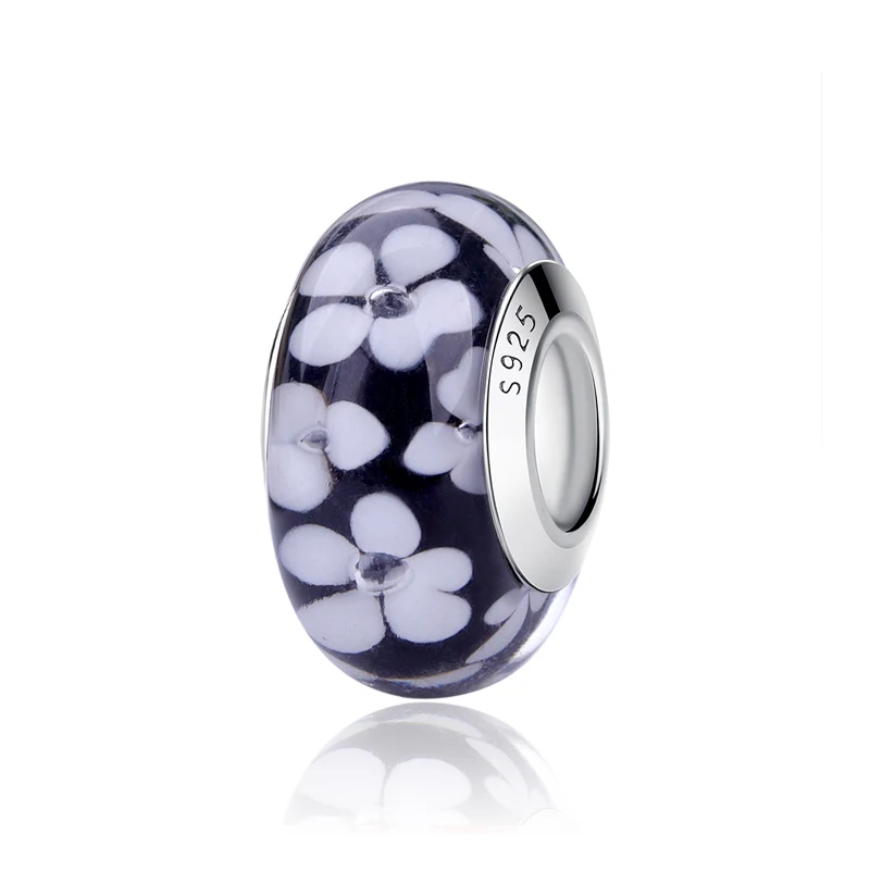 Fit Pandora браслет Серебро 925 пробы талисманы сердце Микки из муранского стекла с изображением цветка бусины для женщин Diy ювелирные изделия - Цвет: Flower Black