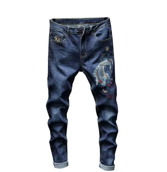 Синие дешевые джинсы Мужские байкерские мужские брюки с вышивкой кальмар прямые