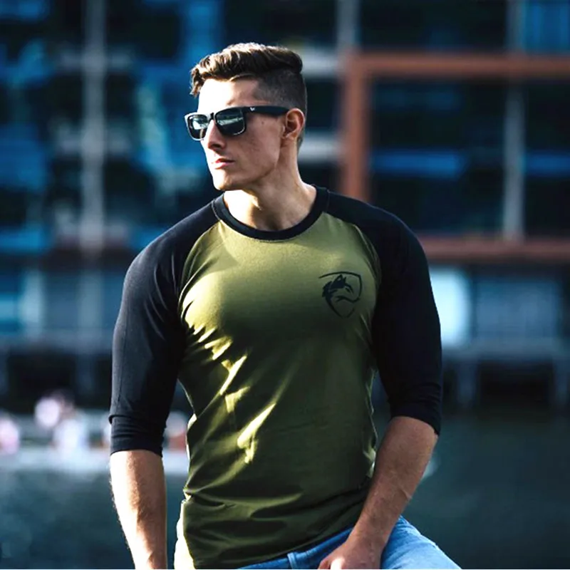 black green ALPHALETE, новинка, мужские футболки с рукавом три четверти, хлопковые, для тренажерного зала, фитнеса, тренировок, одежда, мужские, повседневные, модные, брендовые футболки, топы - Цвет: black green