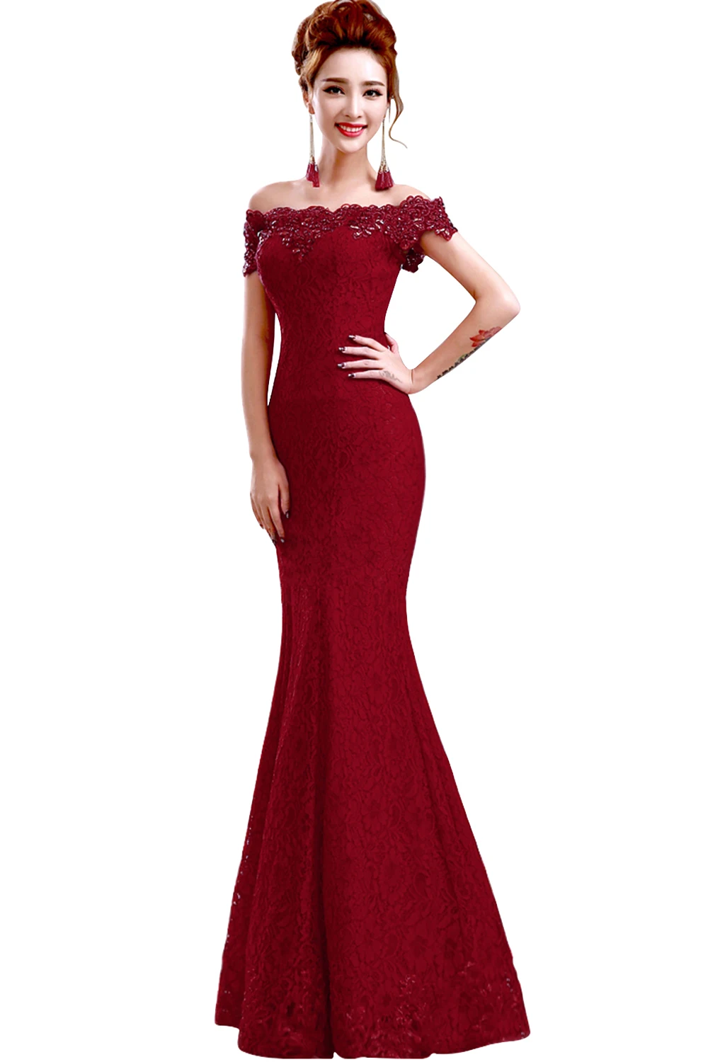 

2019 Navy Blue Lace Mermaid Long Mother Of The Bride Dresses Beading Off The Shoulder Wedding Guest Party Gown
