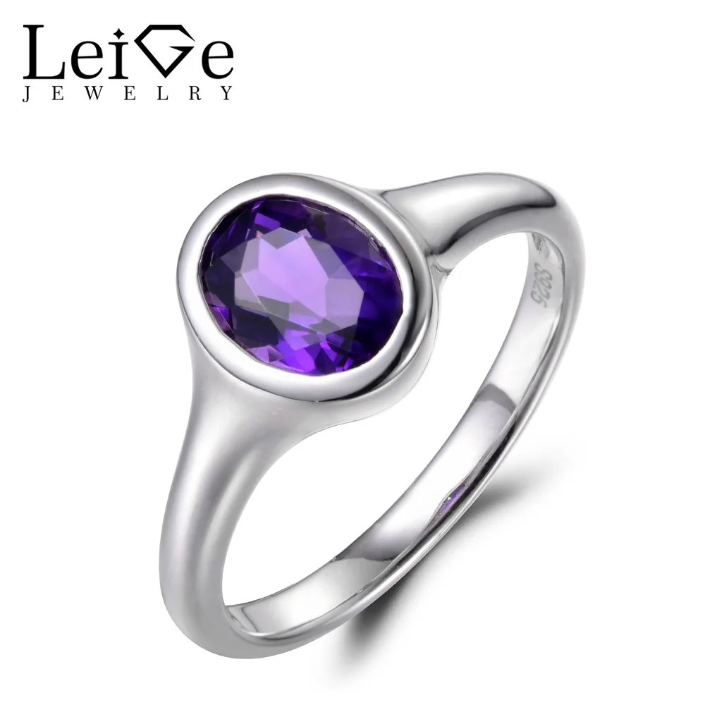 

Leige Jewelry Vintage Wedding Ring Natural Amethyst Ring Oval Cut Purple Gemstone Solid 925 Sterling Silver February Birthstone