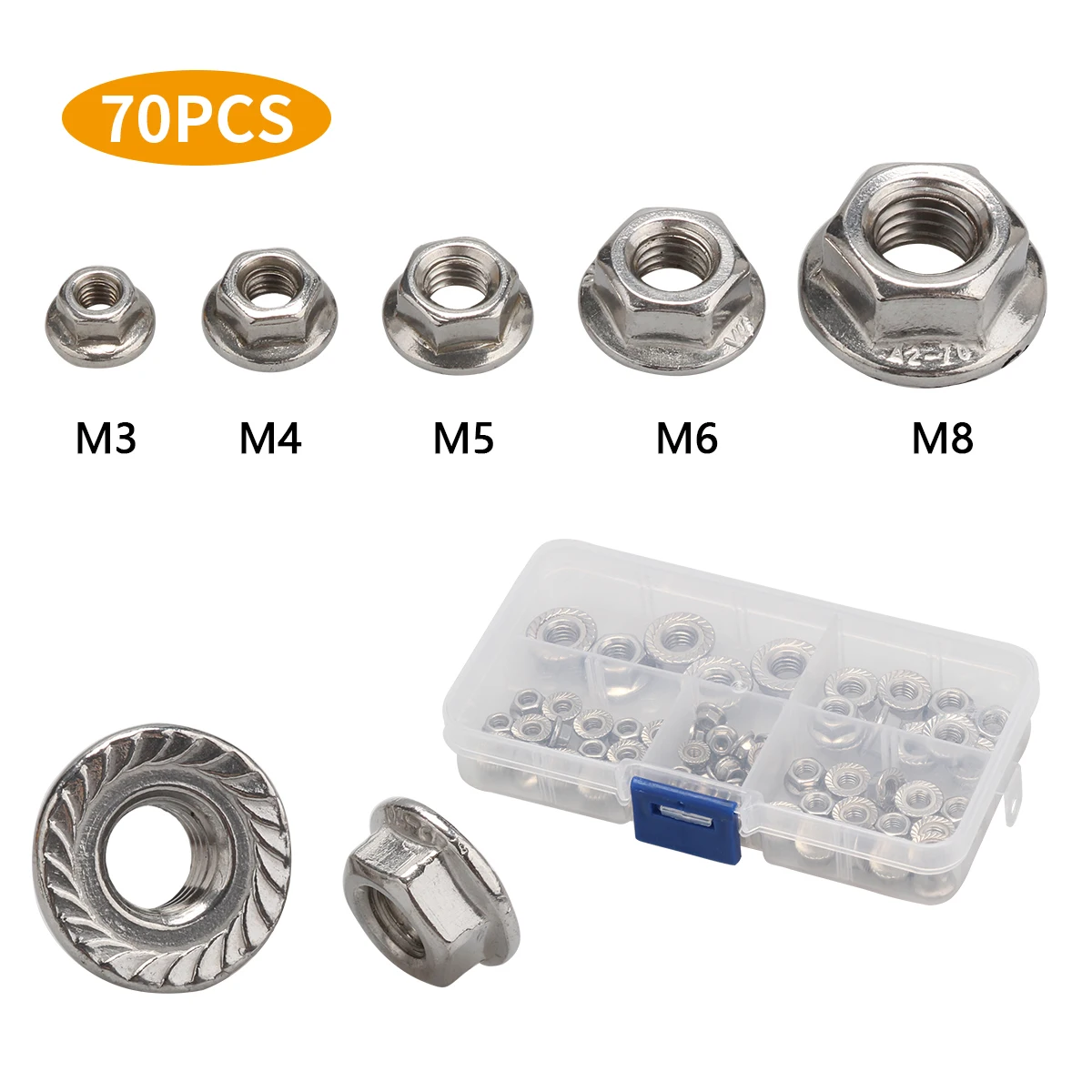 

70Pcs Stainless Steel Hexagon Flange Nuts M3 M4 M5 M6 M8 304 Slip Locking Nut Assortment Kit