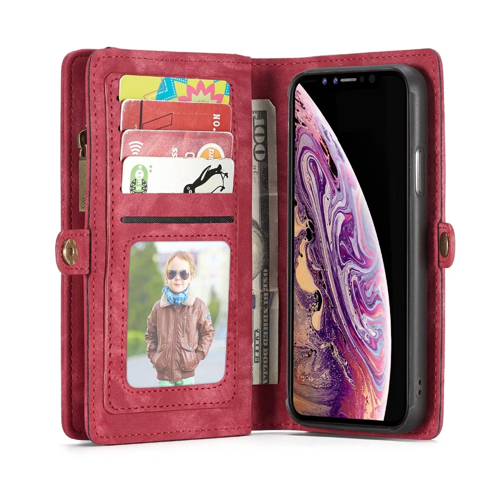 Detachable Magnetic Zipper Leather Card Slots Wallet Cover Case For iphone X XS MAX XR 6 7 8 6S Plus Fur Flip Stand Protect Cape