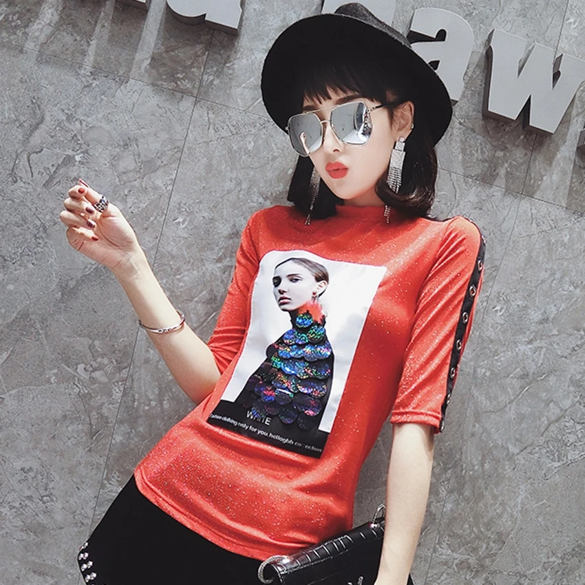 Модная футболка с заклепками в Европейском стиле весна лето 2019 Сетчатая принтом